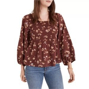 Madewell Floral Smocked Blouse in Brown